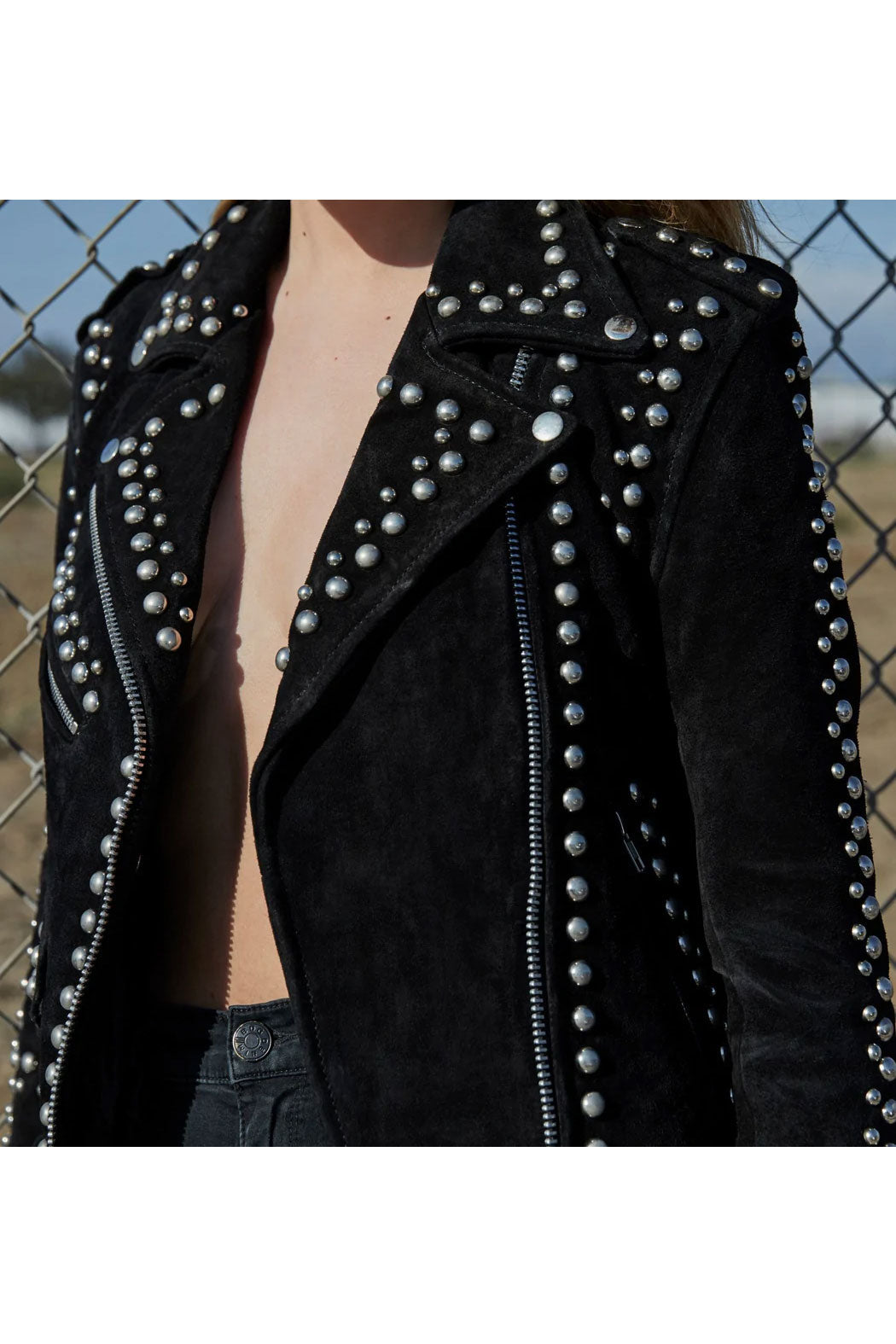 Women’s Silver Studded Black Suede Leather Jacket