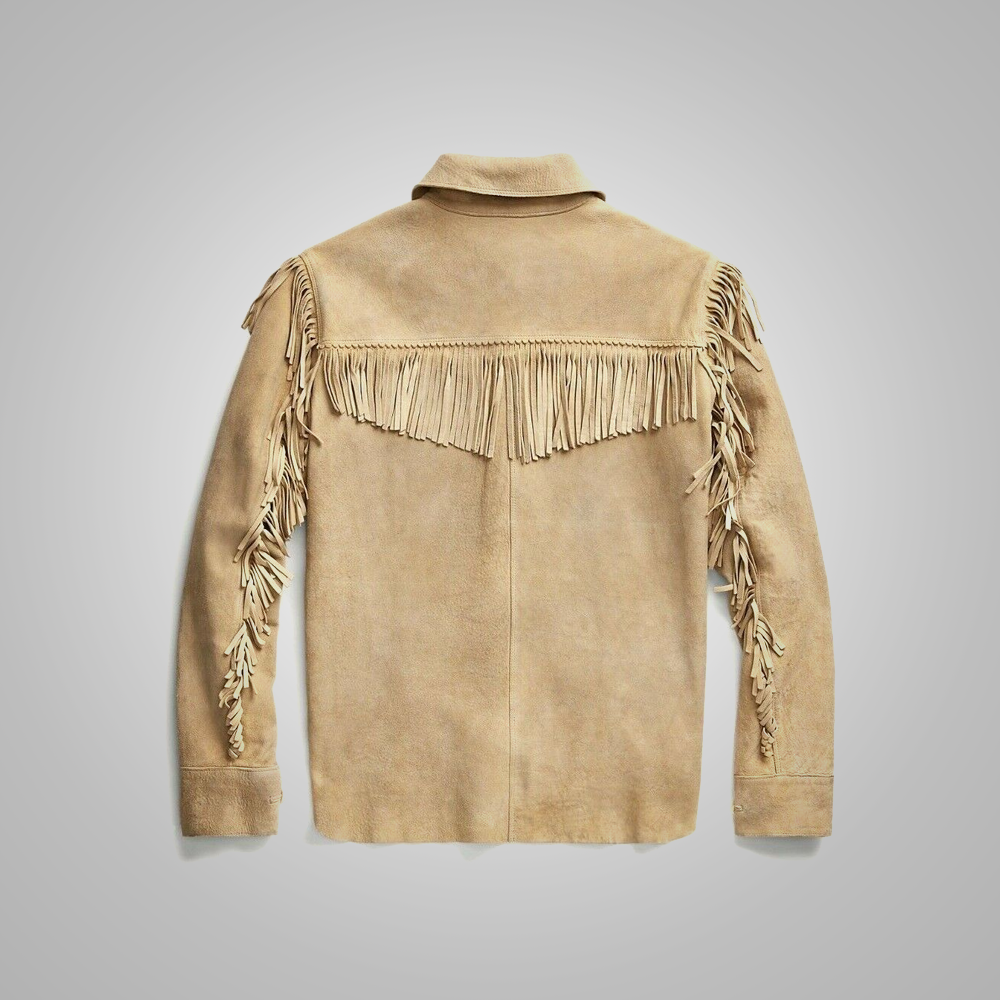 Men's Brown Western Suede Leather Jacket with Beaded Fringes