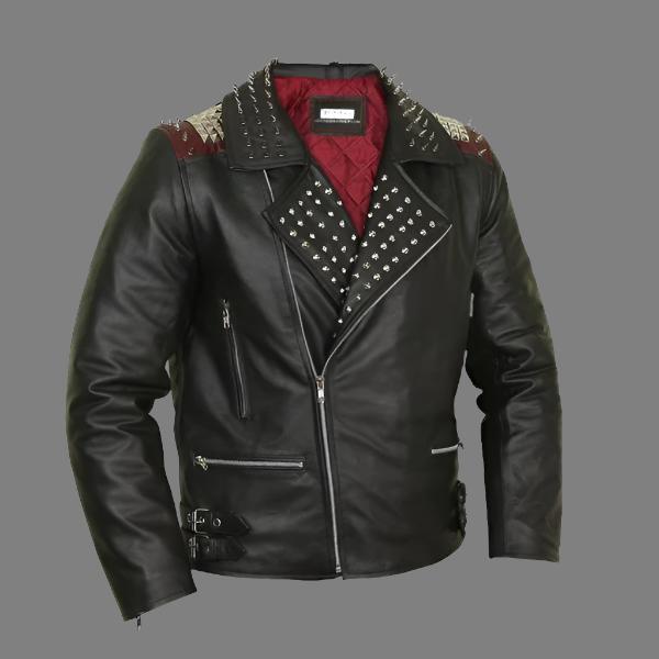 Edgy Black Leather Biker Jacket with Red Quilted Lining