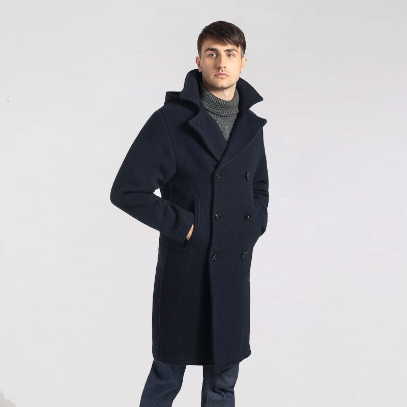 Men’s Dark Blue Fleece Long Peacoat