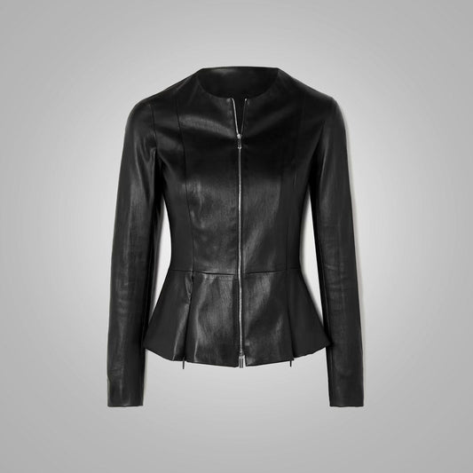 Women's Black Leather Shirt with Stretch Cotton and Concealed Zip