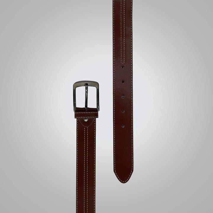 Men's Best Mahogany Brown Leather Belt with Contrast Stitching