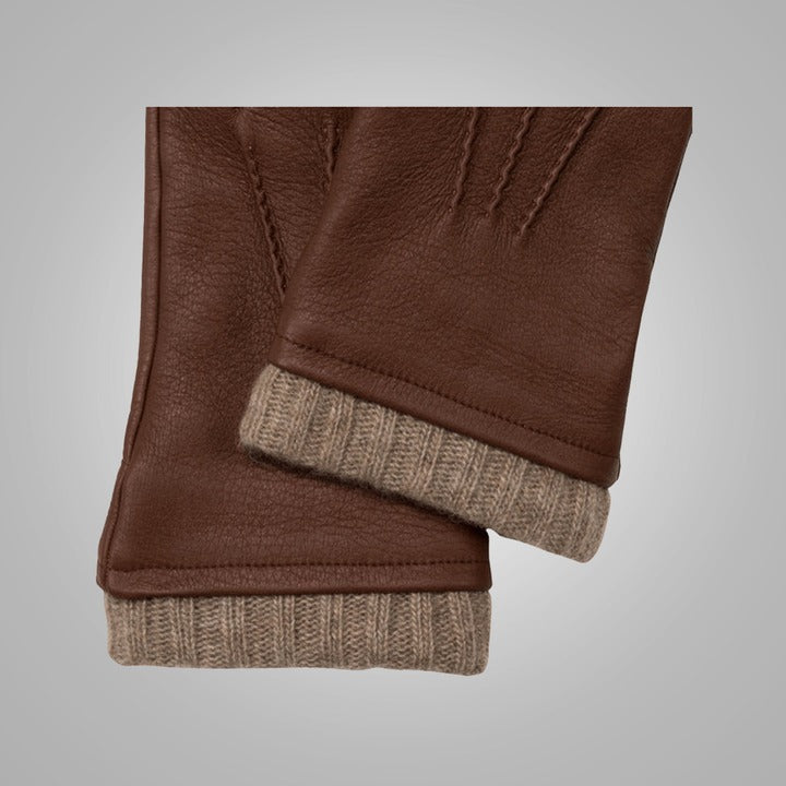 Men's Brown American Sheepskin Leather Gloves with Cashmere Lining