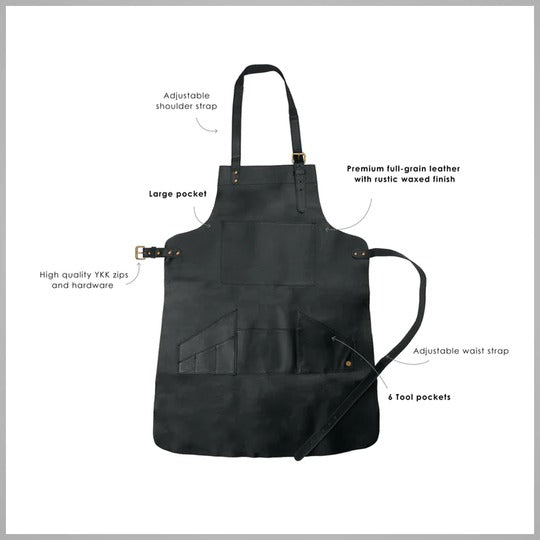 New Men's Black Handmade Premium Leather Multi-Pocket Apron