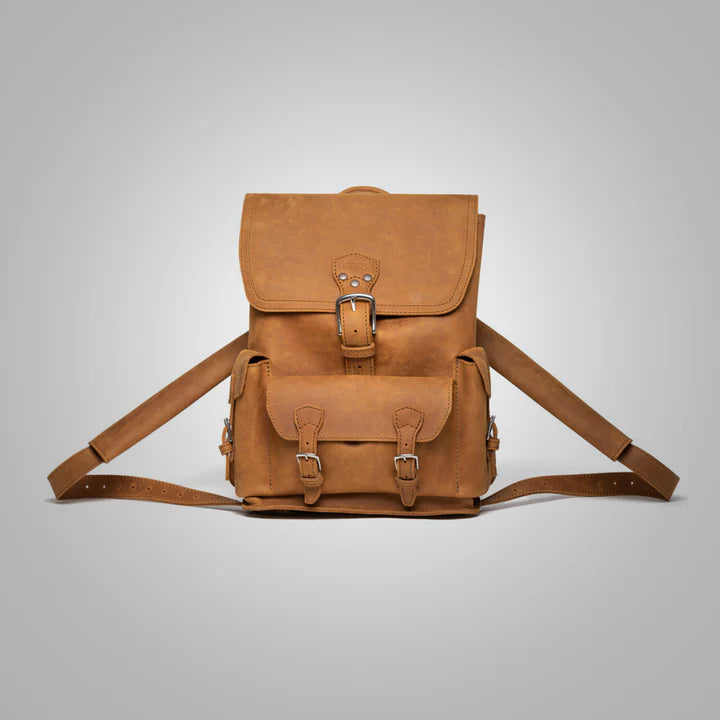 Women’s Brown Lambskin Leather Backpack with Thin Front Pocket