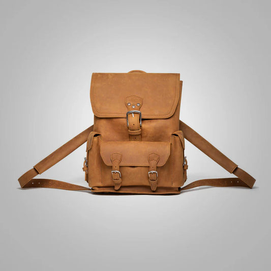 Women’s Brown Lambskin Leather Backpack with Thin Front Pocket