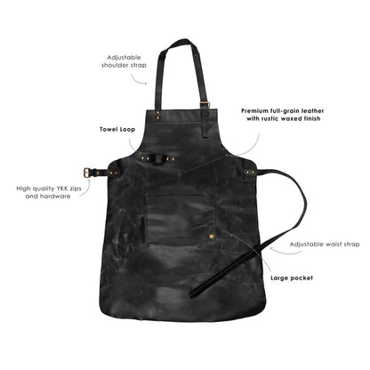 Men's Black Handmade Sheepskin Long Leather Apron with Spacious Front Tool Pocket