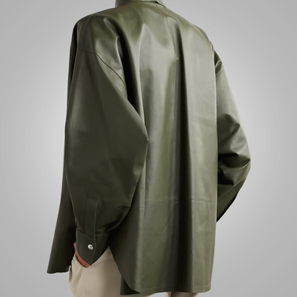 New Women's Green Soft Leather Shirt with Smart Collar