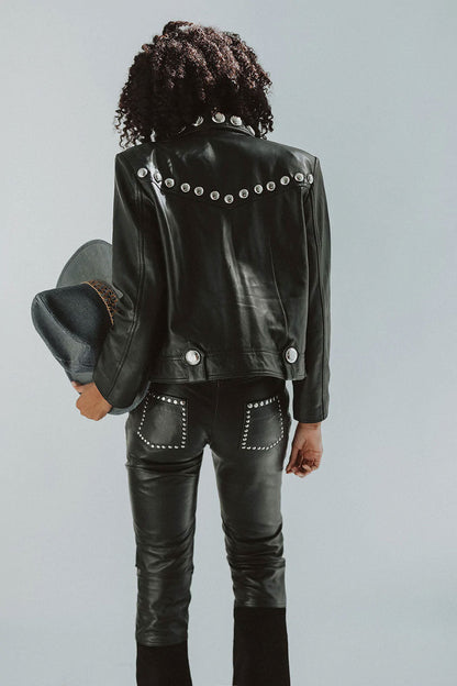 Black Women’s Punk Silver Spiked Studded Biker Leather Jacket