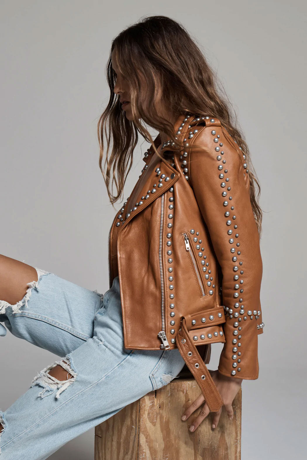 Brown Women's Fashion Leather Jacket with Silver Spiked Studs