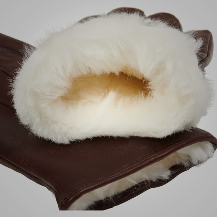 Men's Brown Lambskin Leather Gloves with White Fur Lining