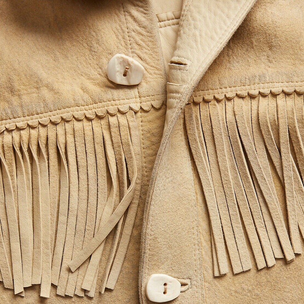 Men's Brown Western Suede Leather Jacket with Beaded Fringes