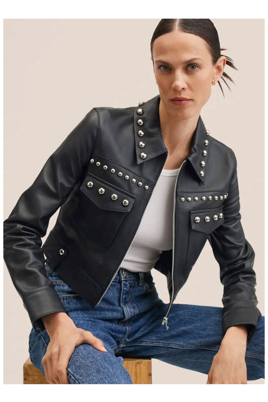 Black Women’s Silver Spiked Studded Retro Motorcycle Leather Jacket