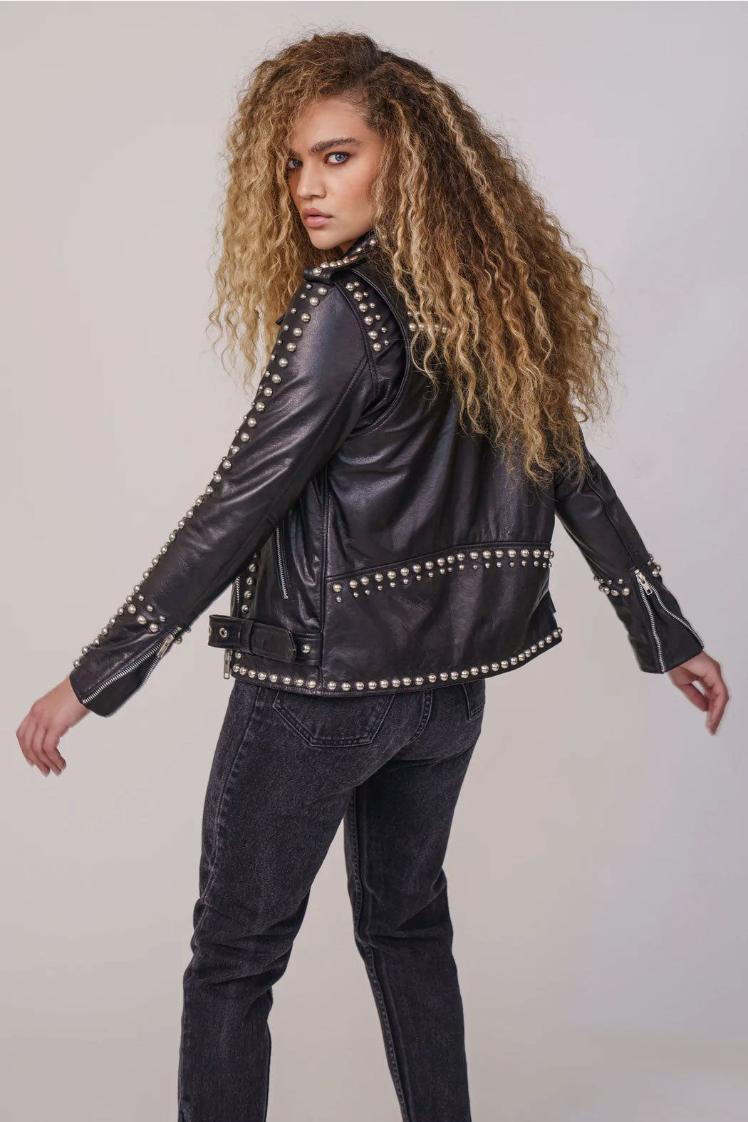 Women’s Black Silver Spiked Studded Leather Biker Jacket