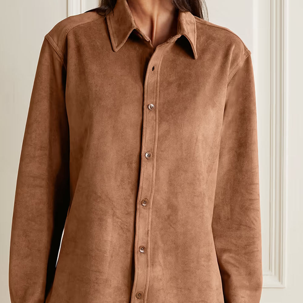 Women's Brown Smooth Leather Blend Shirt with Simple Button Closure