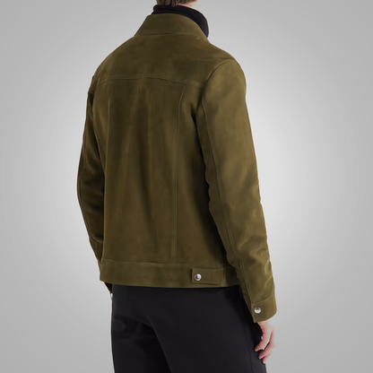 Men's Olive Green Lambskin Leather Trucker Jacket