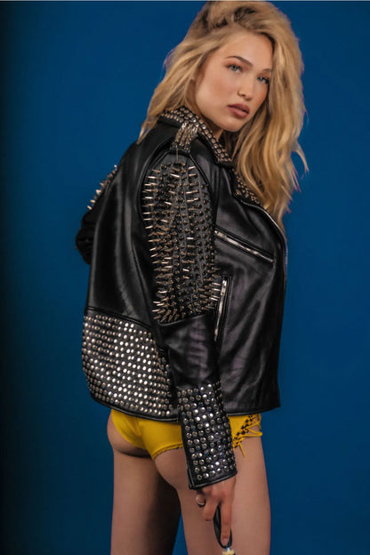 Women Black Punk Silver Long Spiked Studded Black Leather Jacket