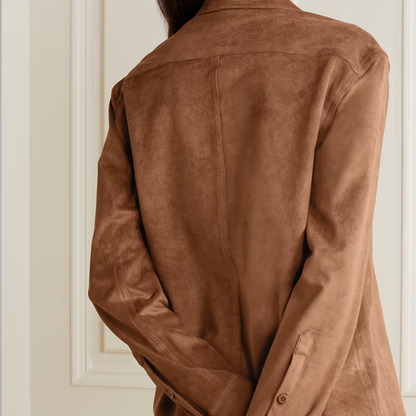 Women's Brown Smooth Leather Blend Shirt with Simple Button Closure