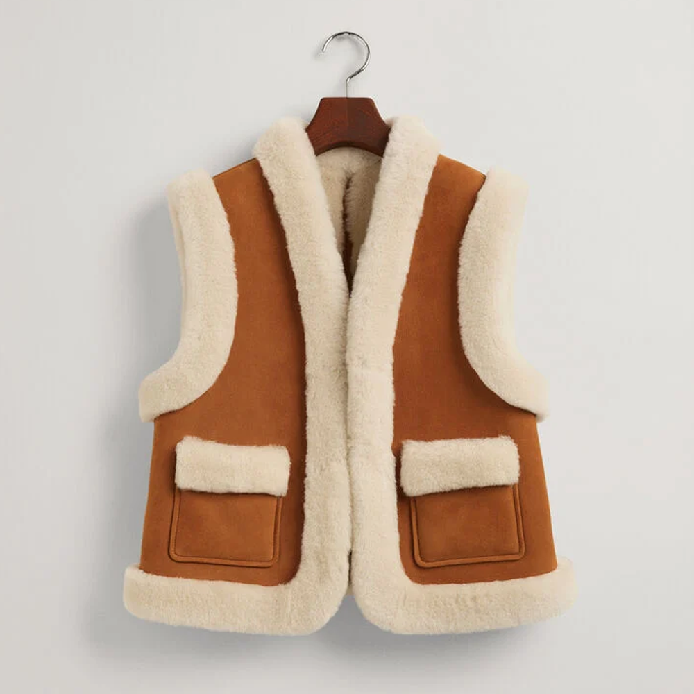 Women’s B3 Brown and White Shearling Leather Vest - Stylish & Warm