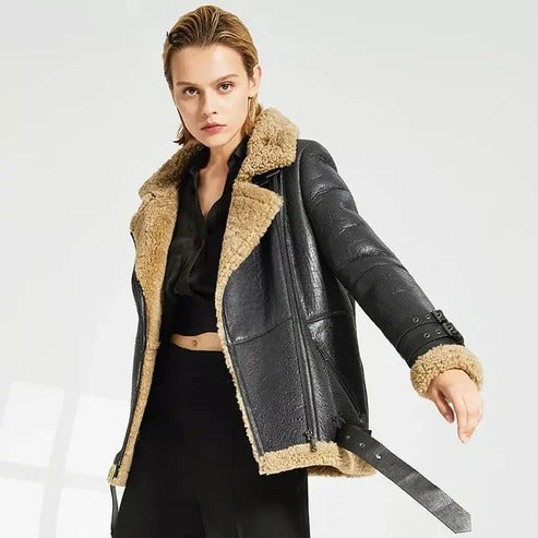 Women's Black Leather jacket with Brown Shearling Fur Collar