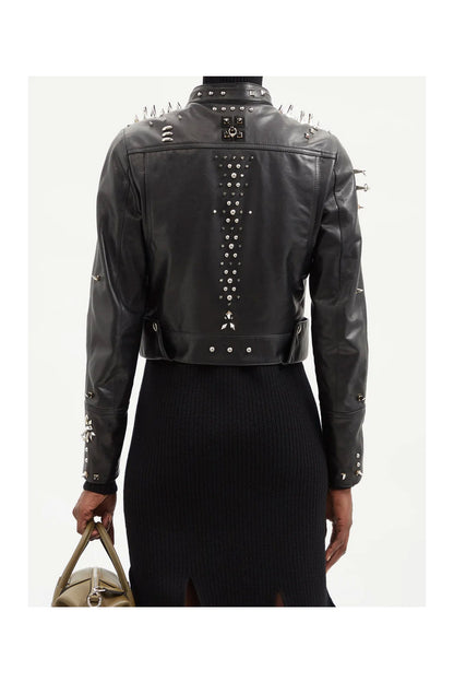 Black Women’s Long Silver Spiked Studded Motorcycle Leather Jacket