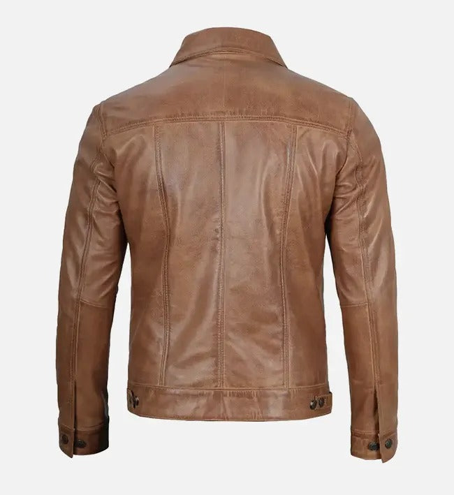 Avanzar Men’s Camel Trucker Leather Jacket
