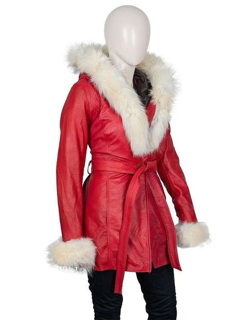 Women's Red Leather Santa Claus Coat with White Fur Trim