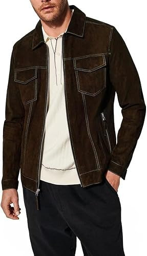 "Men's Suede Leather Trucker Jacket Western Style Cowboy Suede Jacket"