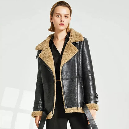 Women's Black Leather jacket with Brown Shearling Fur Collar