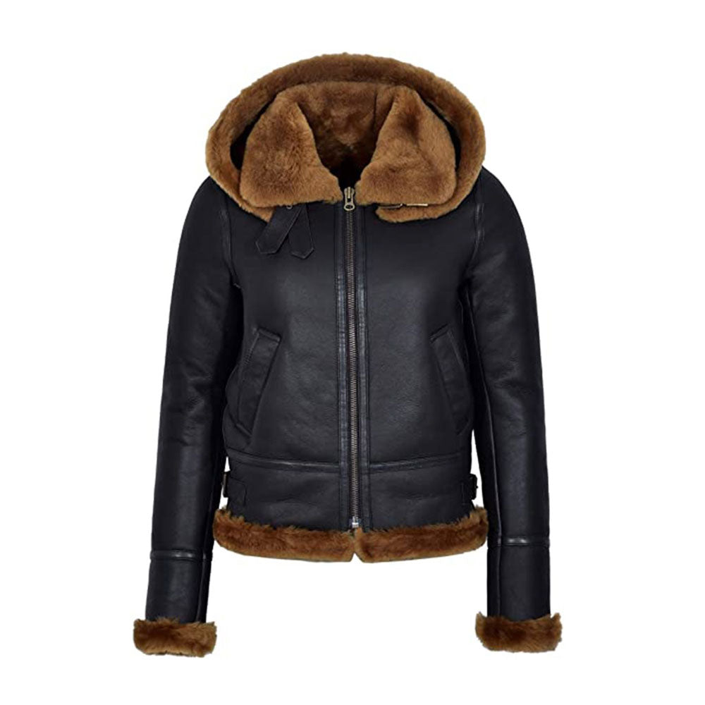 Women’s Black Hooded B3 Flying Shearling Jacket