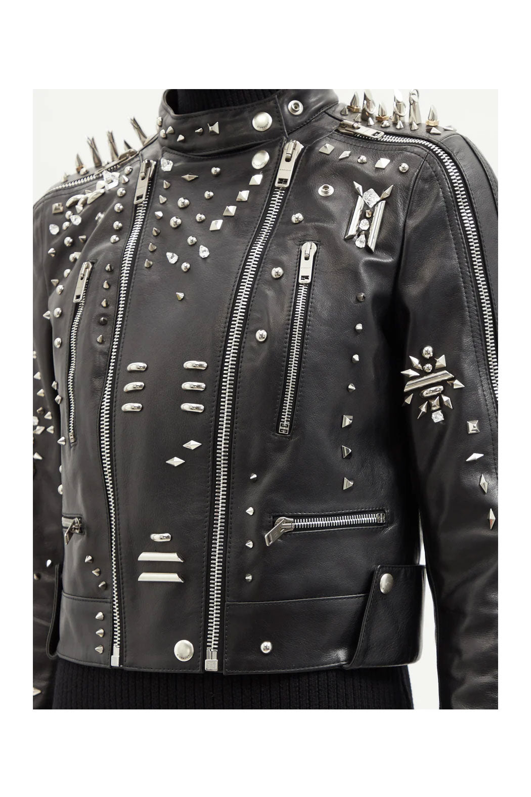 Black Women’s Long Silver Spiked Studded Motorcycle Leather Jacket