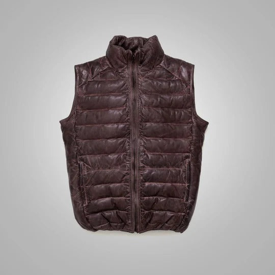 Men's Dark Brown Bubble Leather Down Vest - Premium Quality Insulated Leather Vest Avanzar Leather