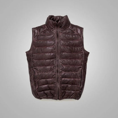 Men's Dark Brown Bubble Leather Down Vest - Premium Quality Insulated Leather Vest Avanzar Leather