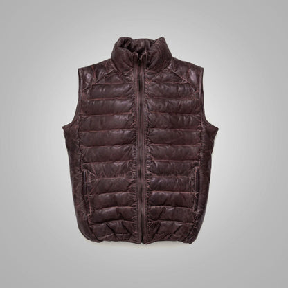 Men’s Dark Brown Bubble Leather Down Vest