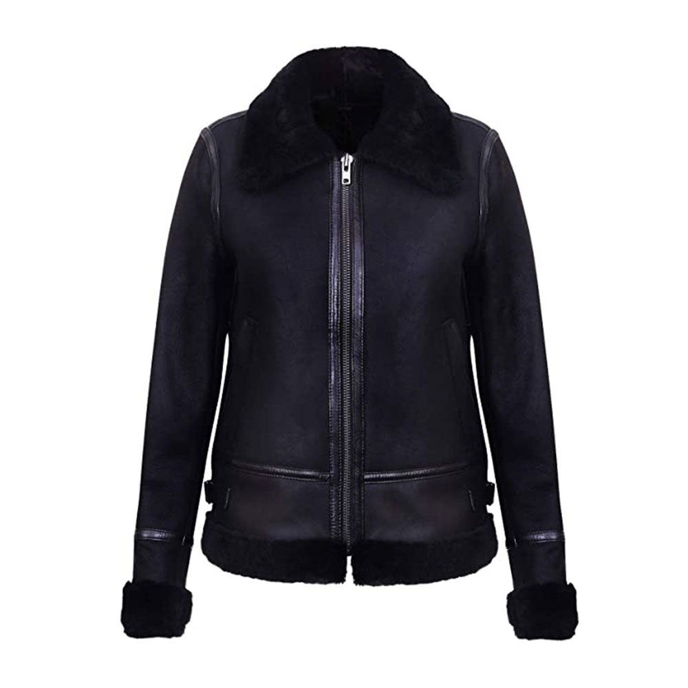 Women’s Black Aviator Biker Genuine Sheepskin Shearling Leather Jacket