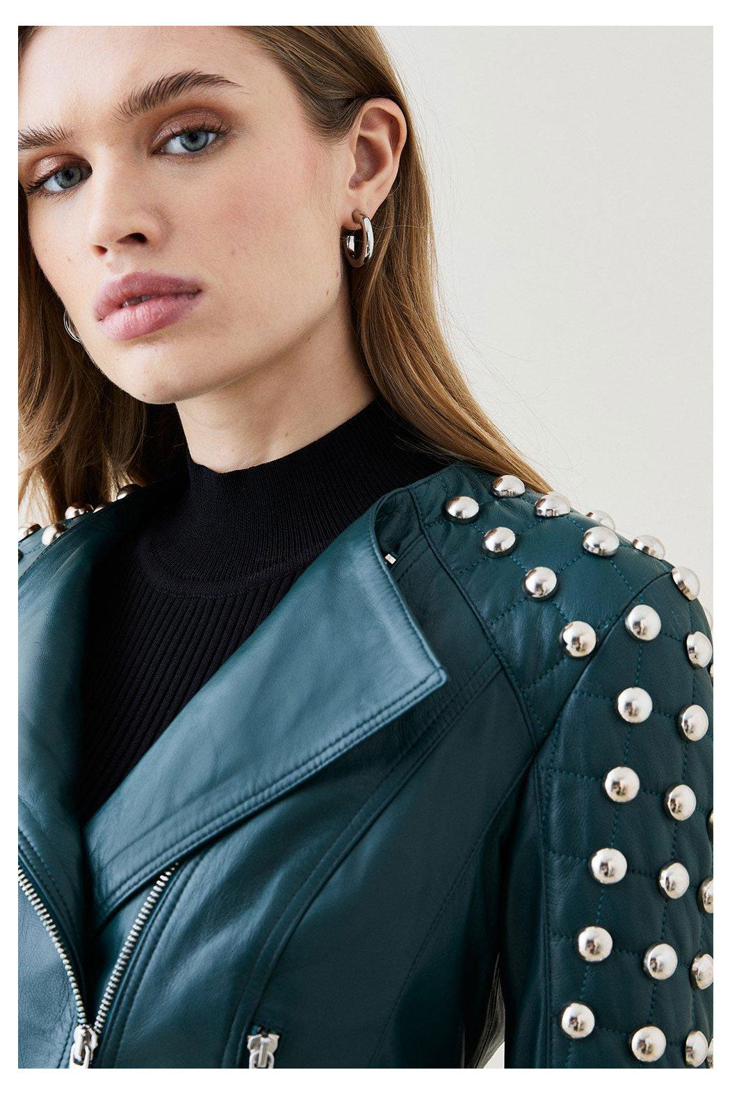 Women’s Chocolate Green Silver Spiked Studded Retro Motorcycle Leather Jacket