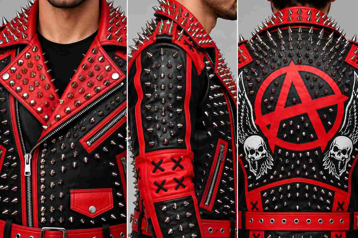 Red & Black Spiked Leather Punk Jacket with Anarchy Skull Back closeup view by avanzar leather