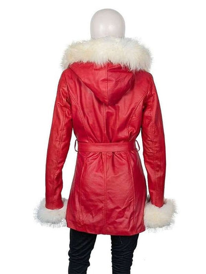 Women's Red Leather Santa Claus Coat with White Fur Trim