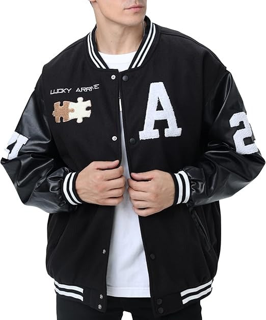 Men’s Varsity College Jacket Baseball Bomber Vintage Sweatshirt Casual Unisex Streetwear Coat with Patch