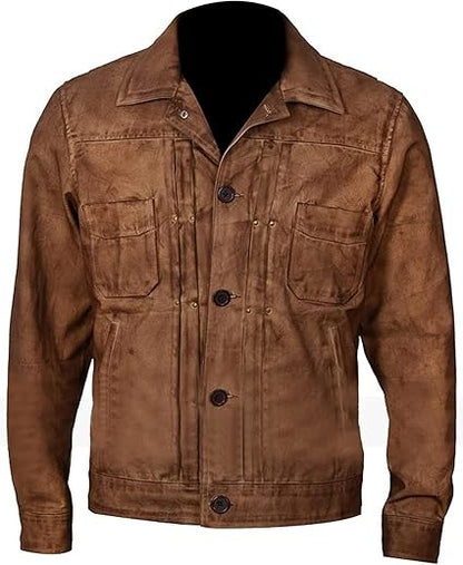 HIDE & SEEK Men's Vintage Waxed Brown Cowboy Luke Trucker Dutton Leather Jacket