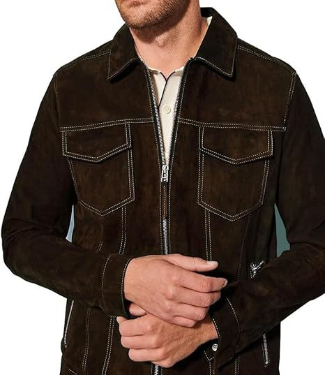 "Men's Suede Leather Trucker Jacket Western Style Cowboy Suede Jacket"