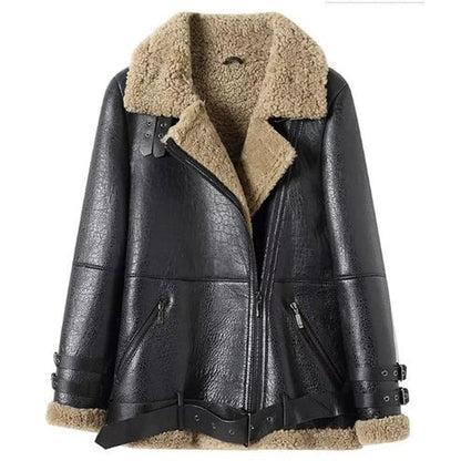 Women's Black Leather jacket with Brown Shearling Fur Collar
