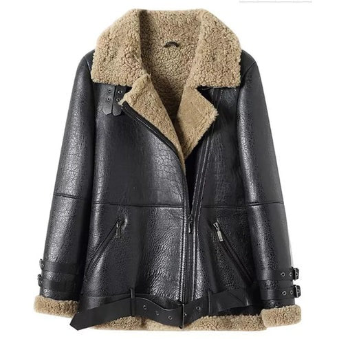 Women's Black Leather jacket with Brown Shearling Fur Collar