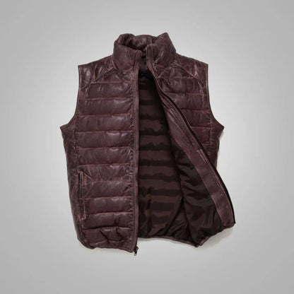 Men's Dark Brown Bubble Leather Down Vest - Premium Quality Insulated Leather Vest Avanzar Leather