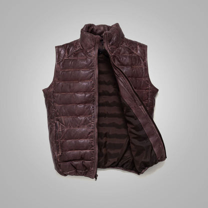 Men’s Dark Brown Bubble Leather Down Vest