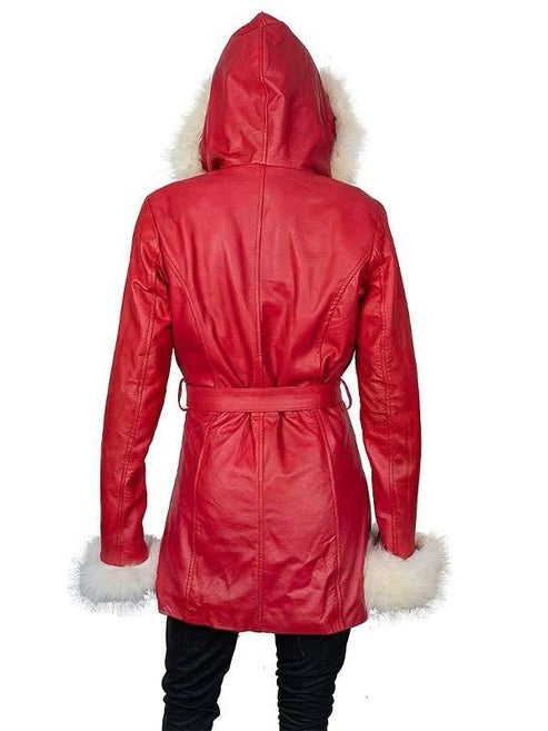 Women's Red Leather Santa Claus Coat with White Fur Trim