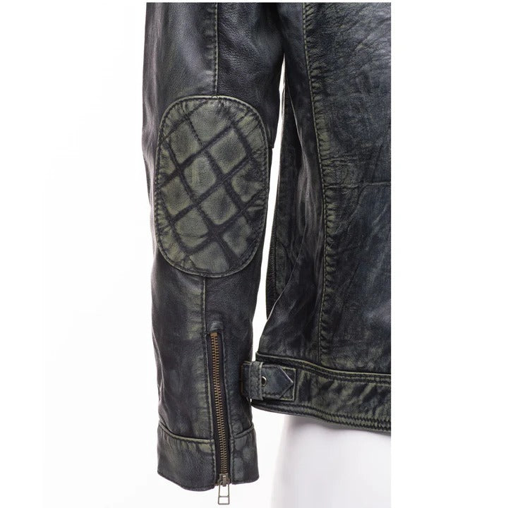 Men’s Black Stone Wash Café Racer Leather Jacket Modern Retro Biker Look