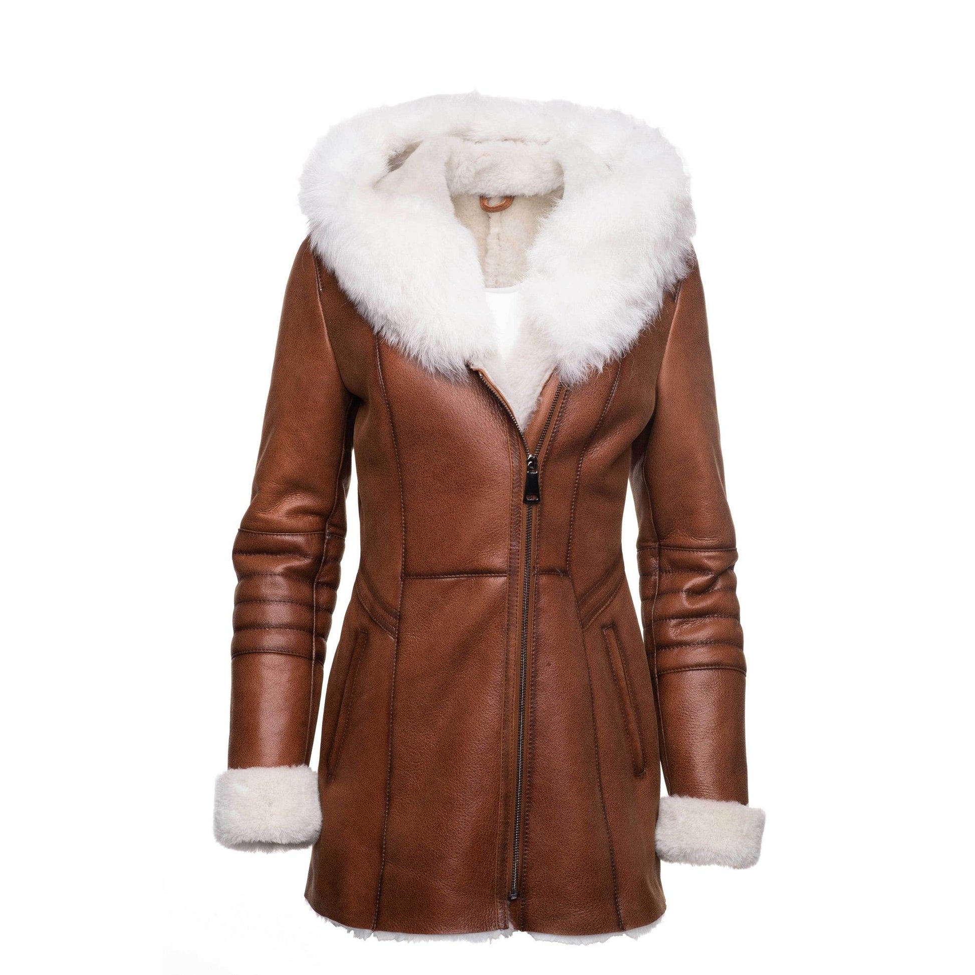 Ayva's Tan Shearling Coat with Fox Fur Trim Hoodie