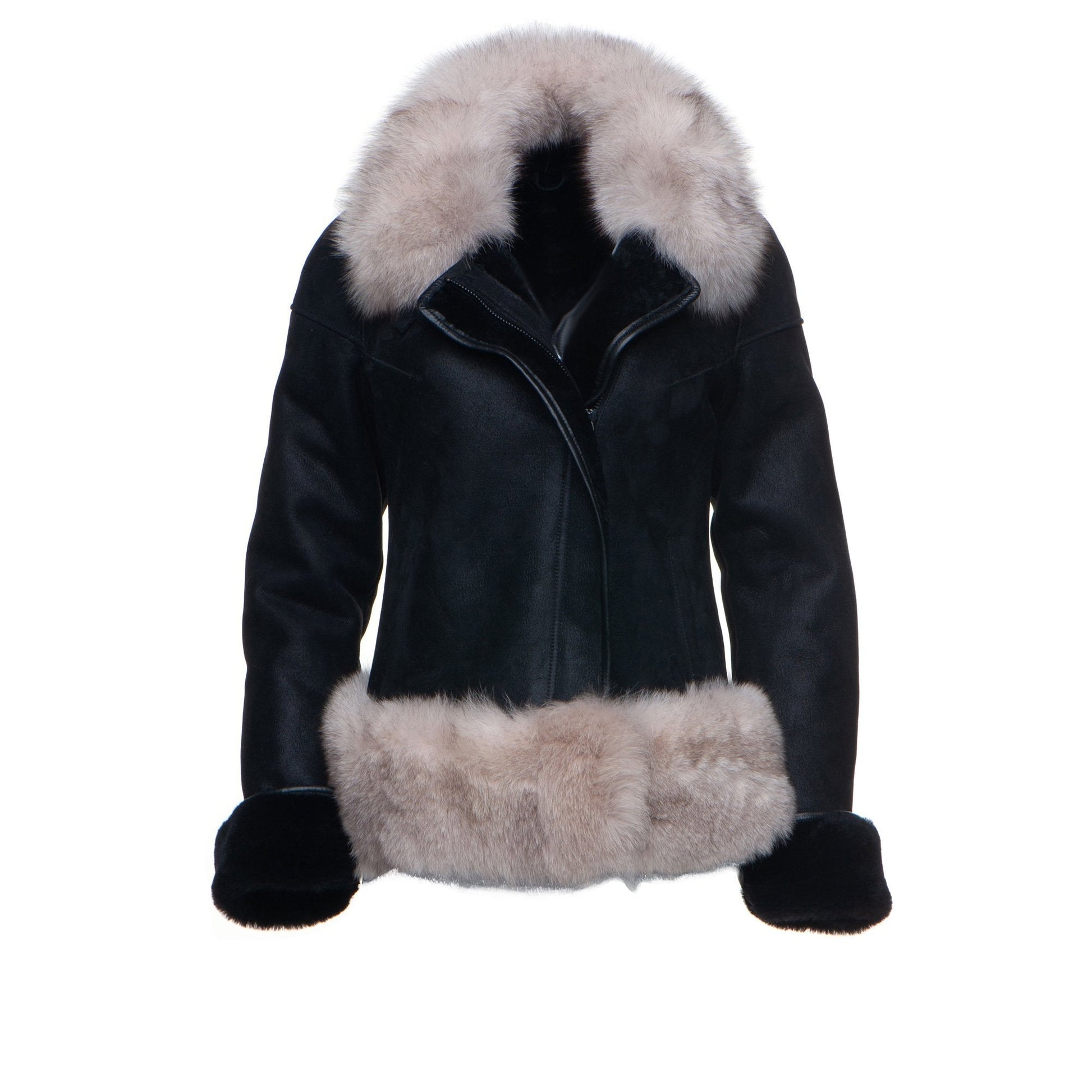 Cecily's Black Shearling Sheepskin Jacket with Fox Fur Trim