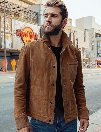 FLAVOR Men's Suede Leather Jacket Trucker Coat